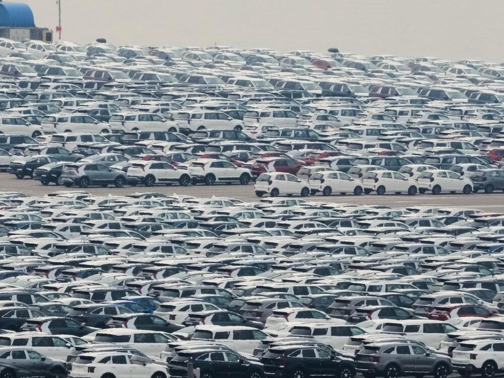 Vehicles for export are parked at a port in Pyeongtaek, South Korea on Wednesday.