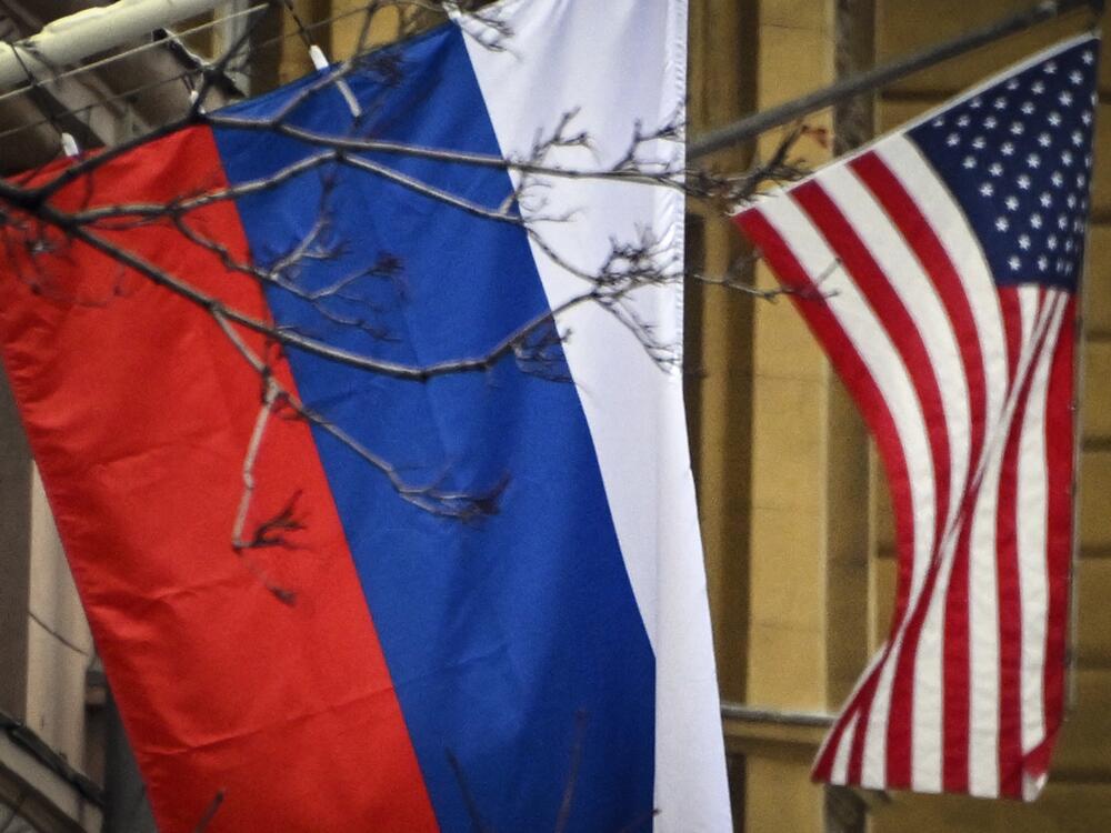 Russian and US flags are seen at the US Embassy in central Moscow on November 5, 2024, on the day of US Presidential election.