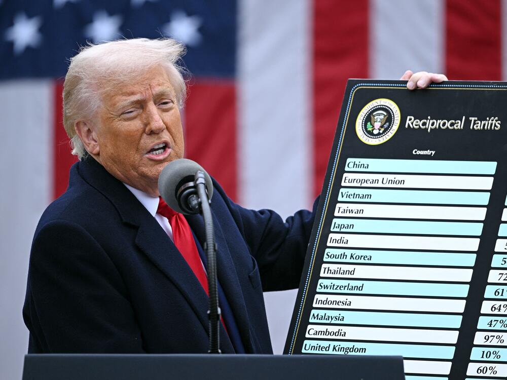 President Trump holds a chart as he delivers remarks on reciprocal tariffs.