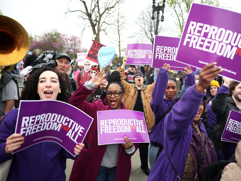 Abortion rights protestors demonstrate outside the U.S. Supreme Court as oral arguments are delivered in the case of Medina v. Planned Parenthood South Atlantic on April 2, 2025.