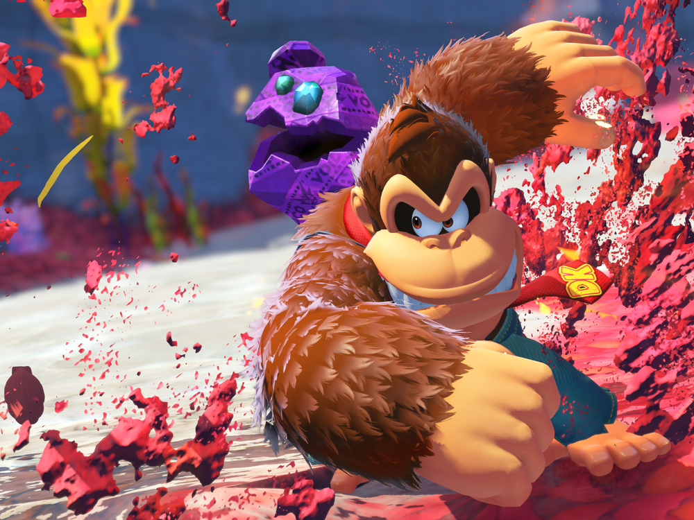 Donkey Kong punches his way through the new game he stars in, Bananza.