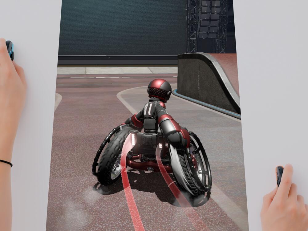 Push Joy-Cons against a flat surface to steer your wheelchair in Drag x Drive.