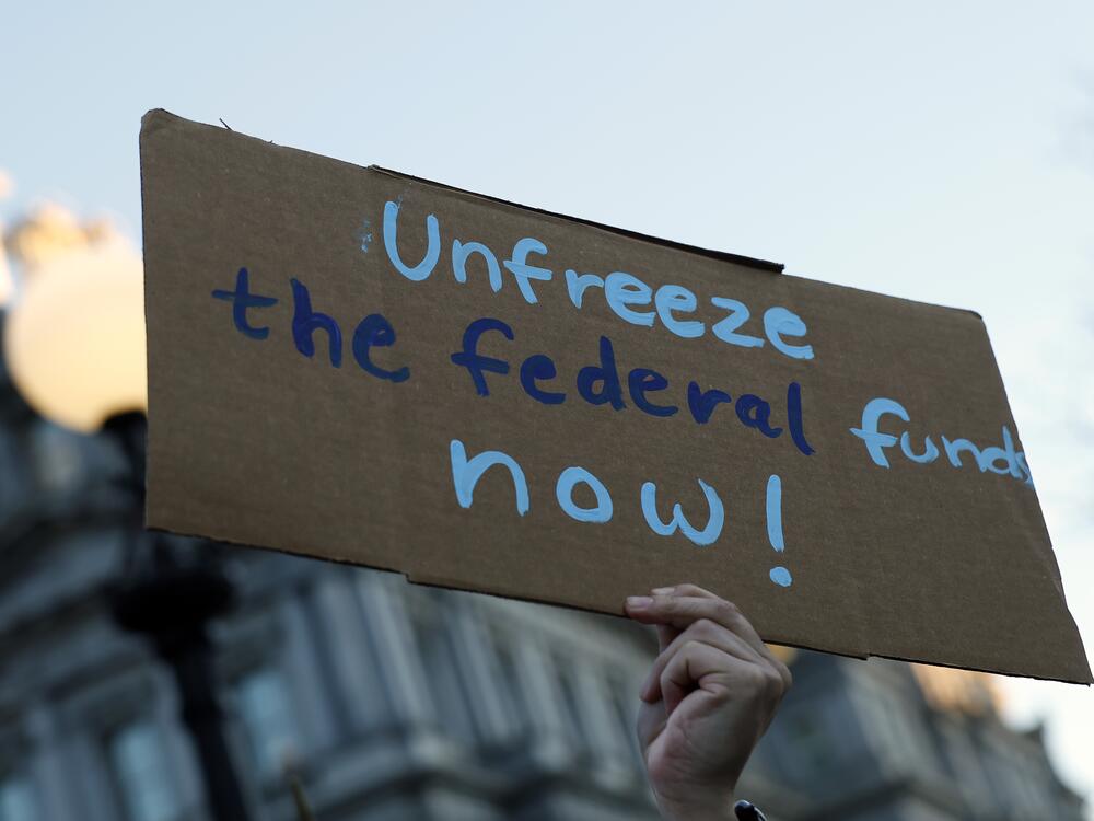 An activist protests against the Trump administration's plan to stop some federal grants and loans during a rally near the White House on January 28 in Washington, DC.