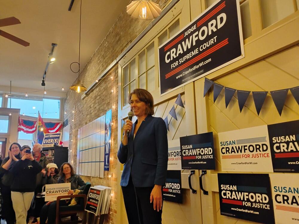 Dane County Judge Susan Crawford, candidate for the Wisconsin Supreme Court, prepares to speak at a campaign stop at Racine County Democratic Party headquarters.