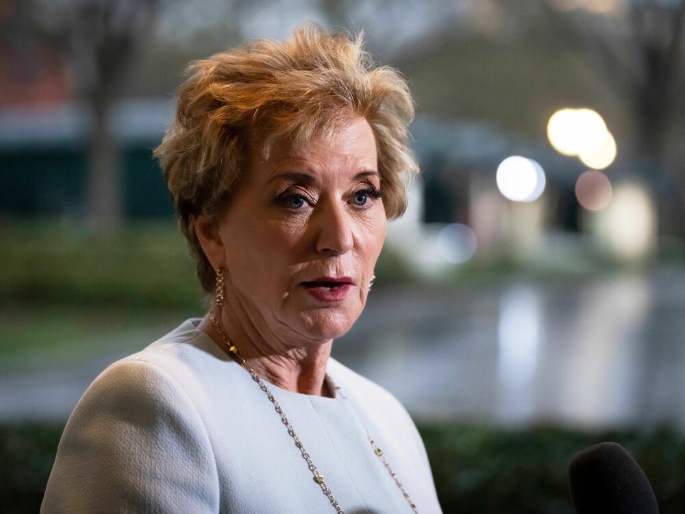 Secretary of Education Linda McMahon speaks to reporters at the White House. The Education Department sent a letter to state leaders warning of the potential loss of funds for K-12 schools that don't follow its interpretation of civil rights laws.