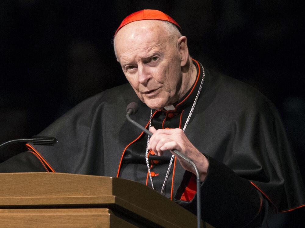 Cardinal Theodore McCarrick speaks during a memorial service in South Bend, Ind., on March 4, 2015. The once-powerful Catholic cardinal, who was defrocked by Pope Francis in 2019 after a Vatican investigation determined he had molested adults and children, has died at age 94.