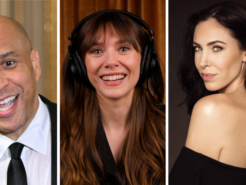 From left: Sen. Corey Booker, Elizabeth Olsen and Jasmine Mooney.