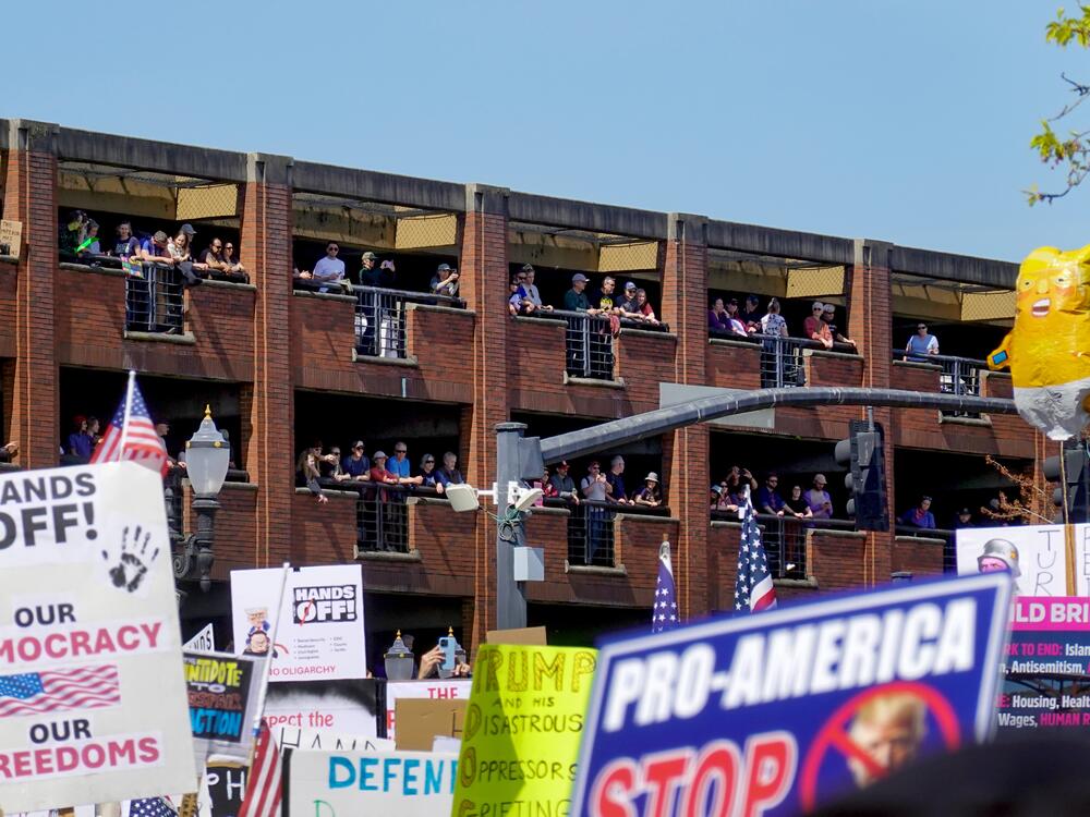 Thousands of protesters march in Portland, Ore., protesting President Trump's administration, April 5, 2025, part of 
