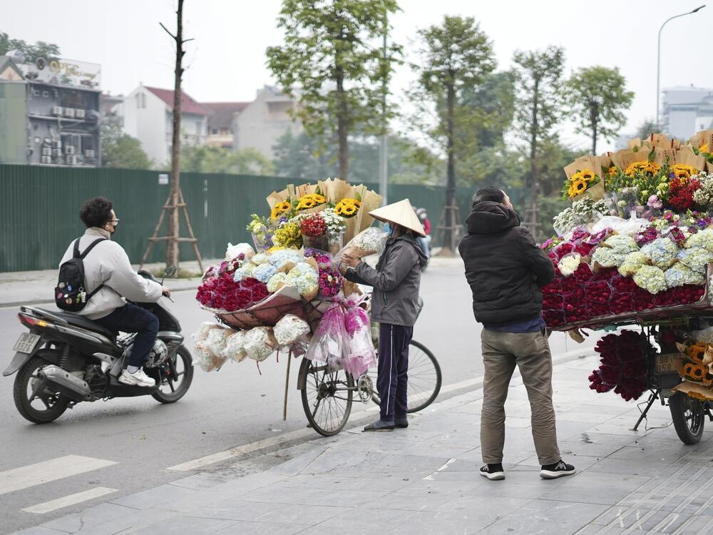 Flowers are on displayed for sale on Valentine's Day, Friday, Feb. 14, 2025 in Hanoi, Vietnam. (AP Photo/Hau Dinh)