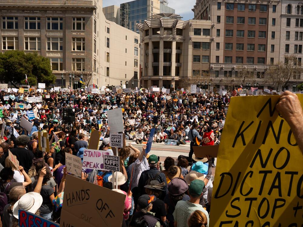 Thousands gather at Frank Ogawa Plaza in Oakland for a protest against Elon Musk and Donald Trump on April 5, 2025.