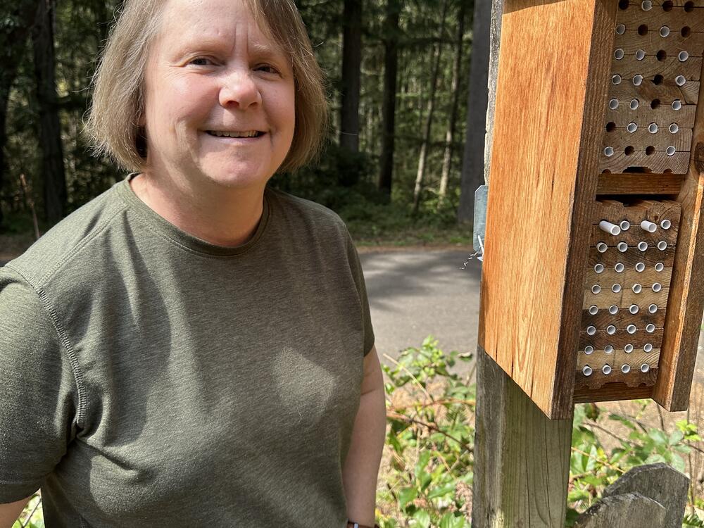 Beth Cummings of Gig Harbor, Wash., stands in front of her bee hotel, which homes the mason bees that pollinate her fruit trees.