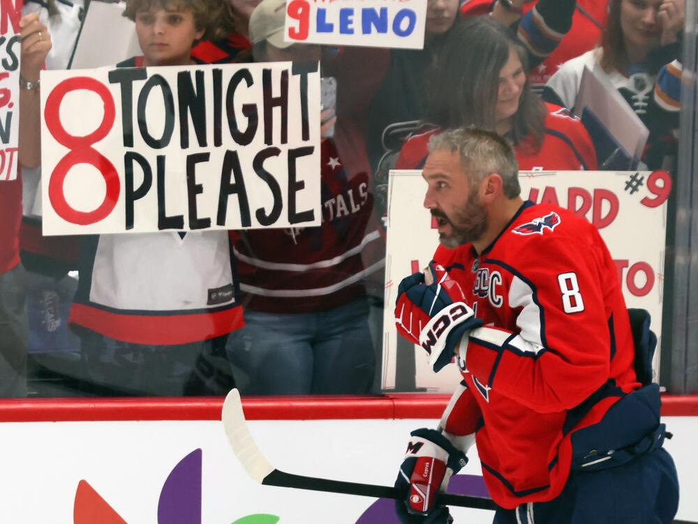 Alex Ovechkin warms up prior to a game against the Chicago Blackhawks  at Capital One Arena.