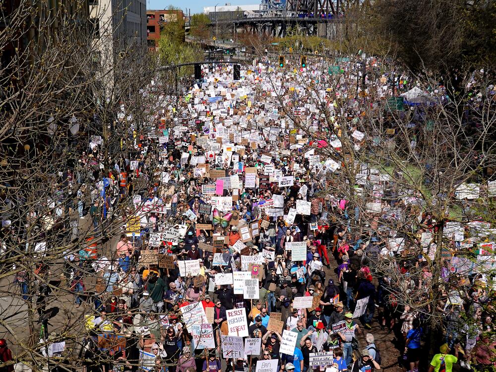 Thousands of protesters march in Portland, Ore., protesting President Trump's administration, April 5, 2025, part of 