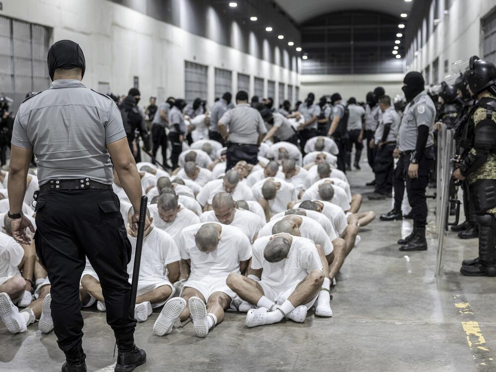 In this photo provided by El Salvador's presidential press office, a prison guard transfers deportees from the U.S., alleged to be Venezuelan gang members, to the Terrorism Confinement Center in Tecoluca, El Salvador, Sunday, March 16, 2025.