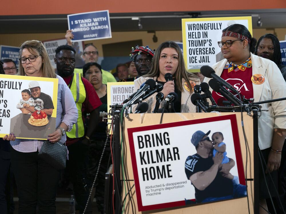 Jennifer Vasquez Sura, the wife of Kilmar Abrego Garcia of Maryland, who was mistakenly deported to El Salvador, speaks during a news conference Friday at CASA's Multicultural Center in Hyattsville, Md.