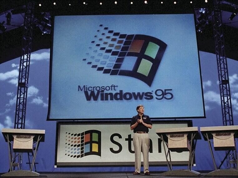 Bill Gates announces Windows 95 at a press event held in Redmond, Washington in 1995.