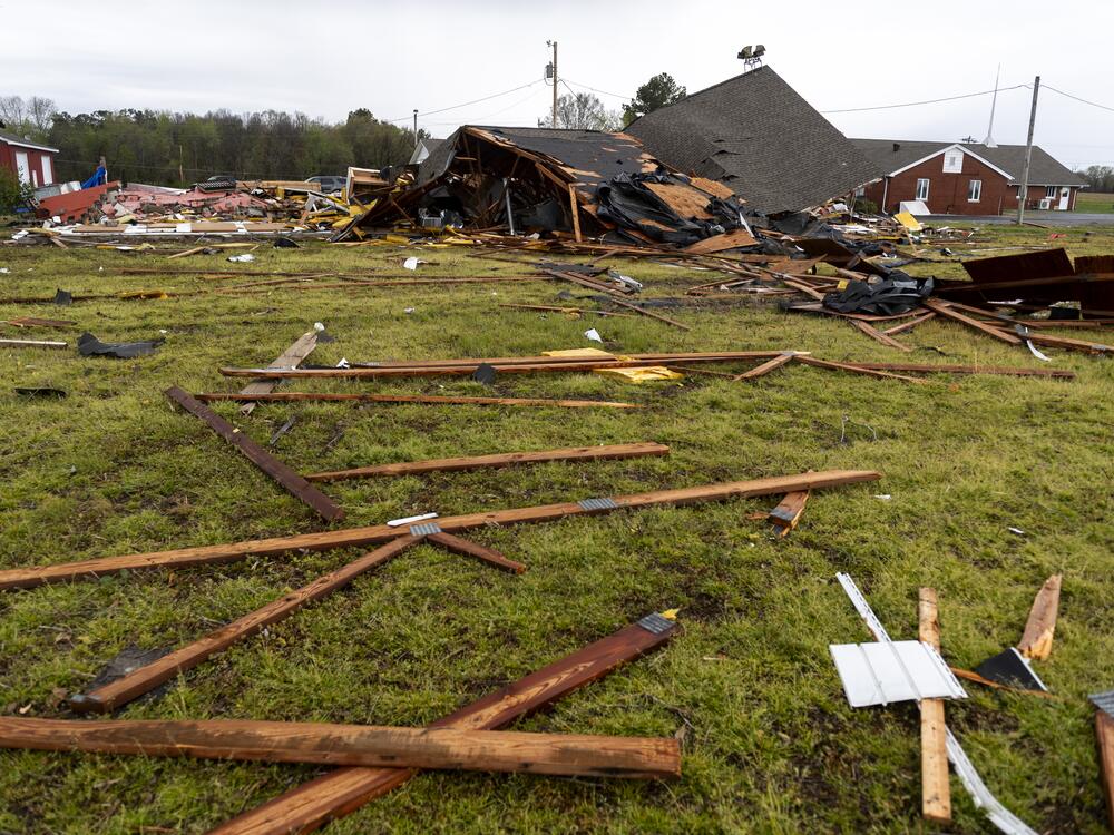 Structural damage is visible at Christ Community Church after a tornado struck on April 3, 2025, in Paducah, Kentucky.