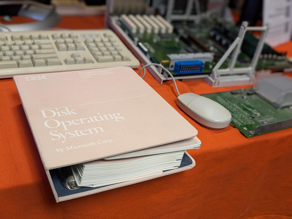 A manual required to operate MS DOS, on display at a vintage computer festival in Seattle.