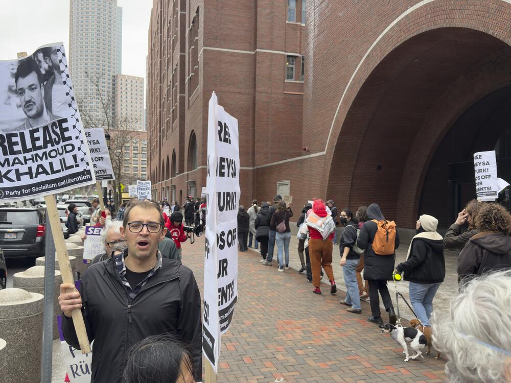 Protesters gather outside federal court during a hearing with lawyers for Rumeysa Ozturk, a Tufts University doctoral student from Turkey who was detained by immigration authorities on April 3 in Boston.
