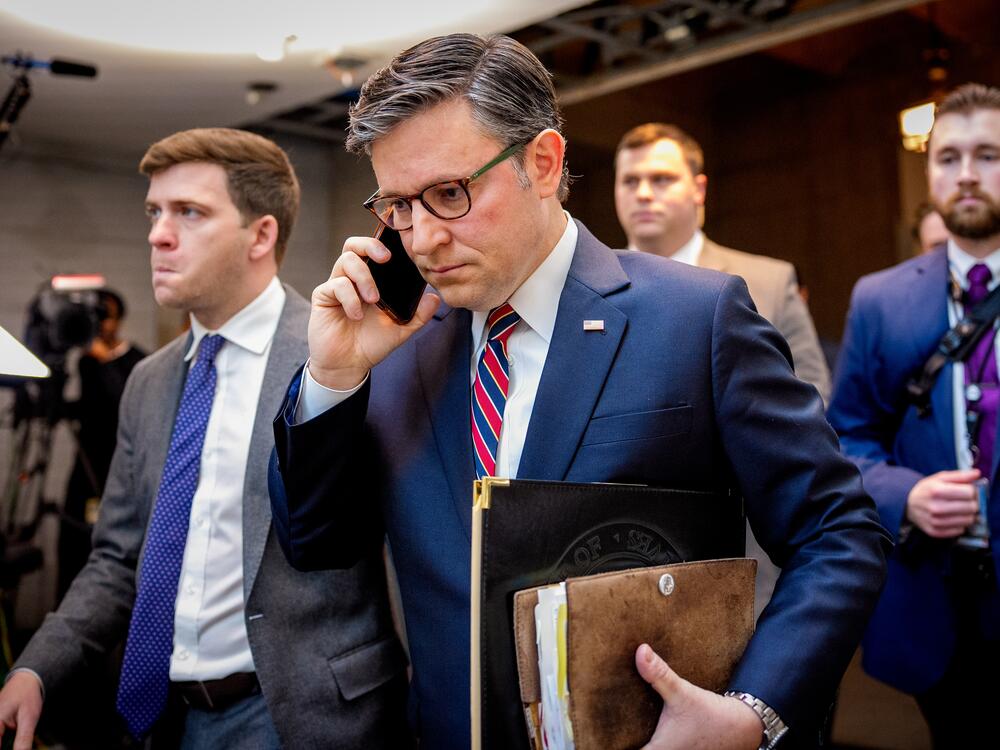 Speaker of the House Rep. Mike Johnson (R-LA) arrives for a House Republican Caucus meeting at the U.S. Capitol on April 8, 2025. (Photo by Andrew Harnik/Getty Images)