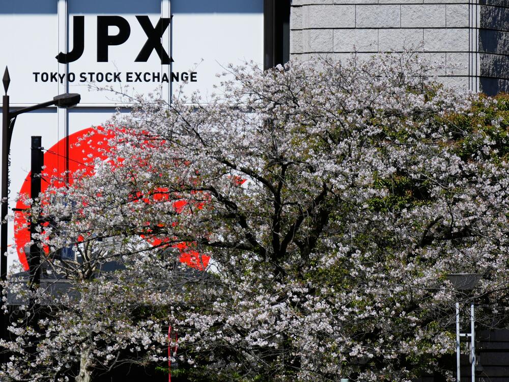 Cherry blossoms bloom across the street from the Tokyo Stock Exchange building in Tokyo on Wednesday.