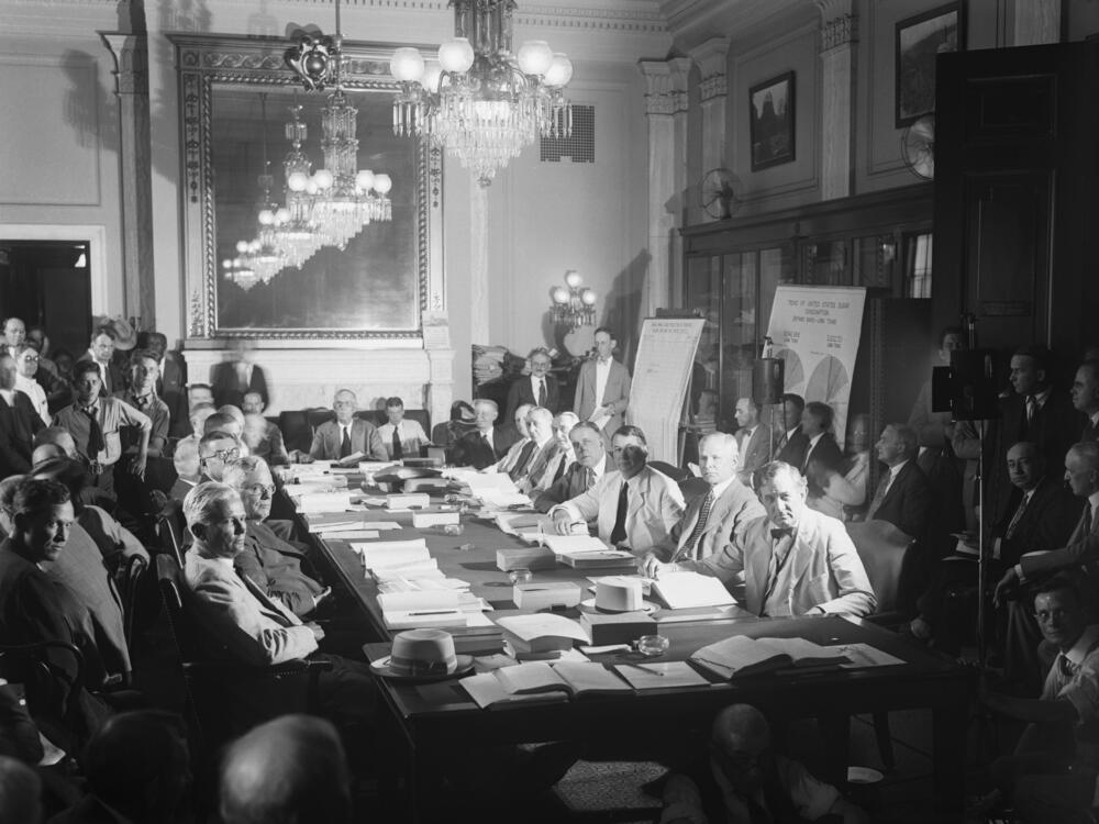 Members of the Senate Finance Committee meet to formulate a tariff bill in 1929.