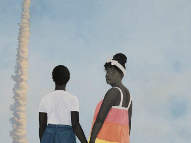 Amy Sherald,<em> Planes, Rockets, and the Spaces in Between</em>, 2018, oil on canvas<br>