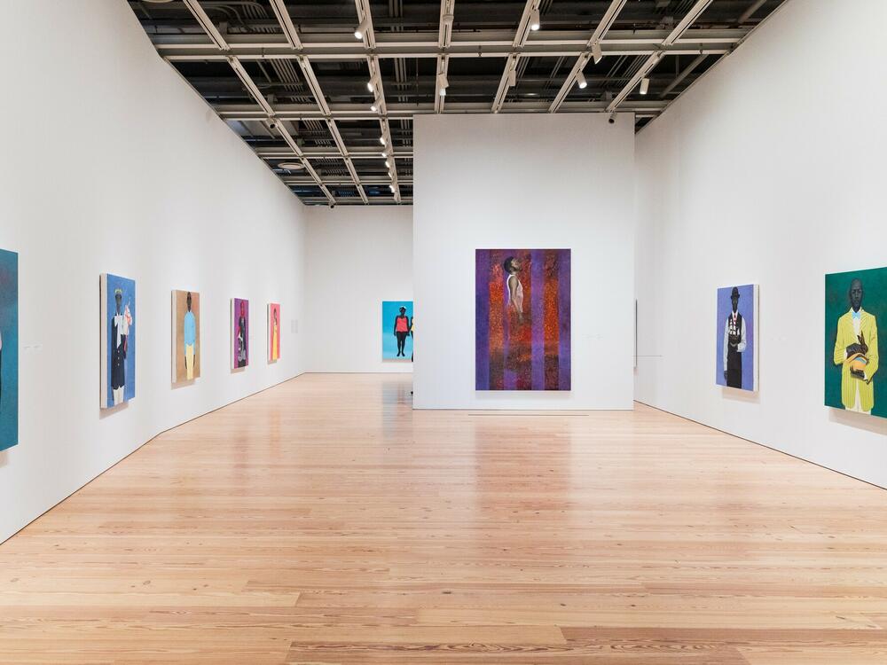 Many of Amy Sherald's portraits are hung at eye level, 
