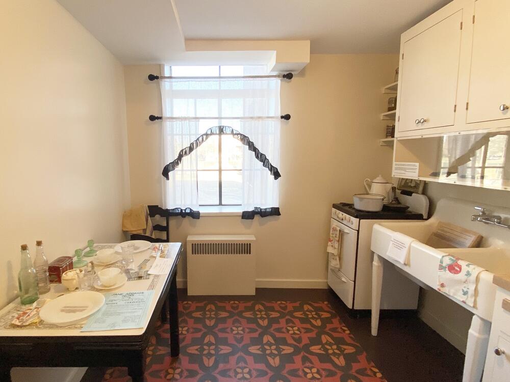 The kitchen in the apartments on the second floor, outfitted in historic period furnishings, conveying life at Jane Addams from the 1930s to the 1970s.