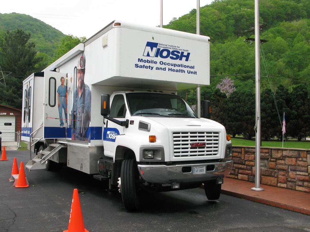A NIOSH Black Lung surveillance van at the fire station in Wharton, W.Va.