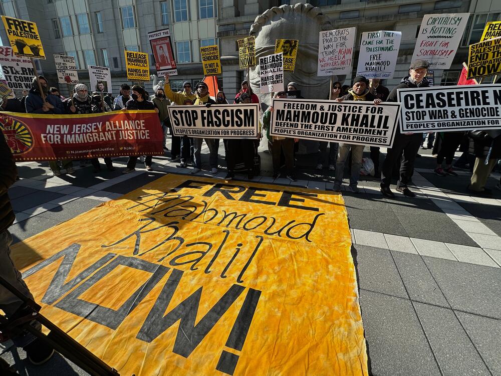 Pro-Palestinian protesters demanding the release of Columbia University graduate student Mahmoud Khalil stand outside his immigration court hearing in Newark, N.J., on Friday, March 28, 2025.