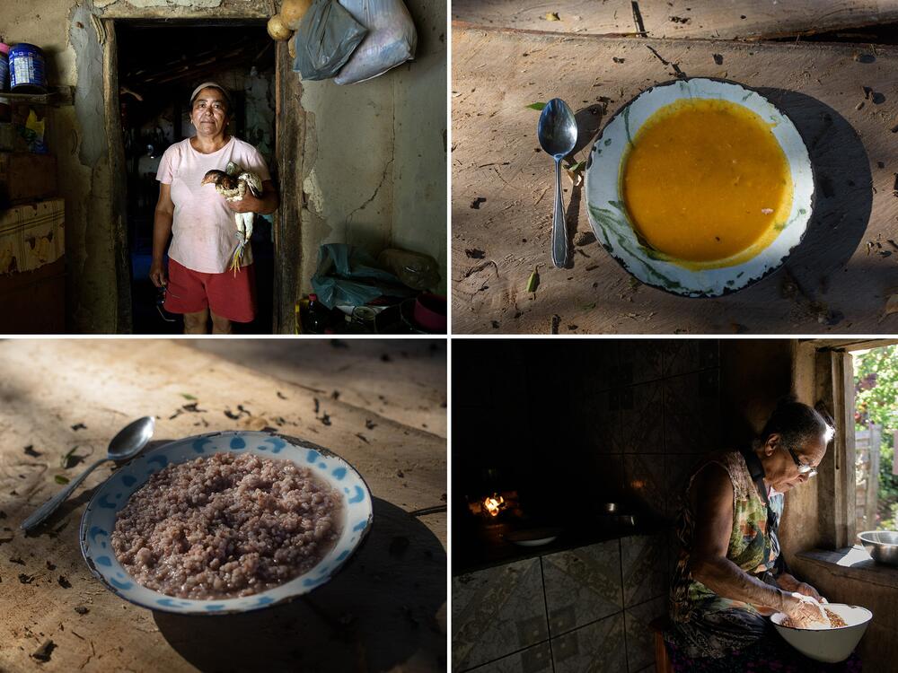 Top row: Aparecida Gomes, 60, is about to prepare <em>pirão de galinha</em> — a traditional dish made with chicken broth and cassava flour. 