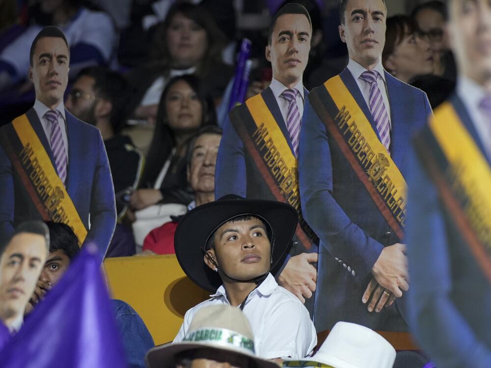 Supporters of incumbent presidential candidate Daniel Noboa cheer him on during a campaign rally in Quito, Ecuador, Wednesday, April 9, 2025.