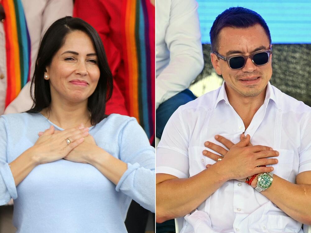 Ecuador's leftist presidential candidate Luisa Gonzalez on the left and Ecuador's president and presidential candidate Daniel Noboa on the right.