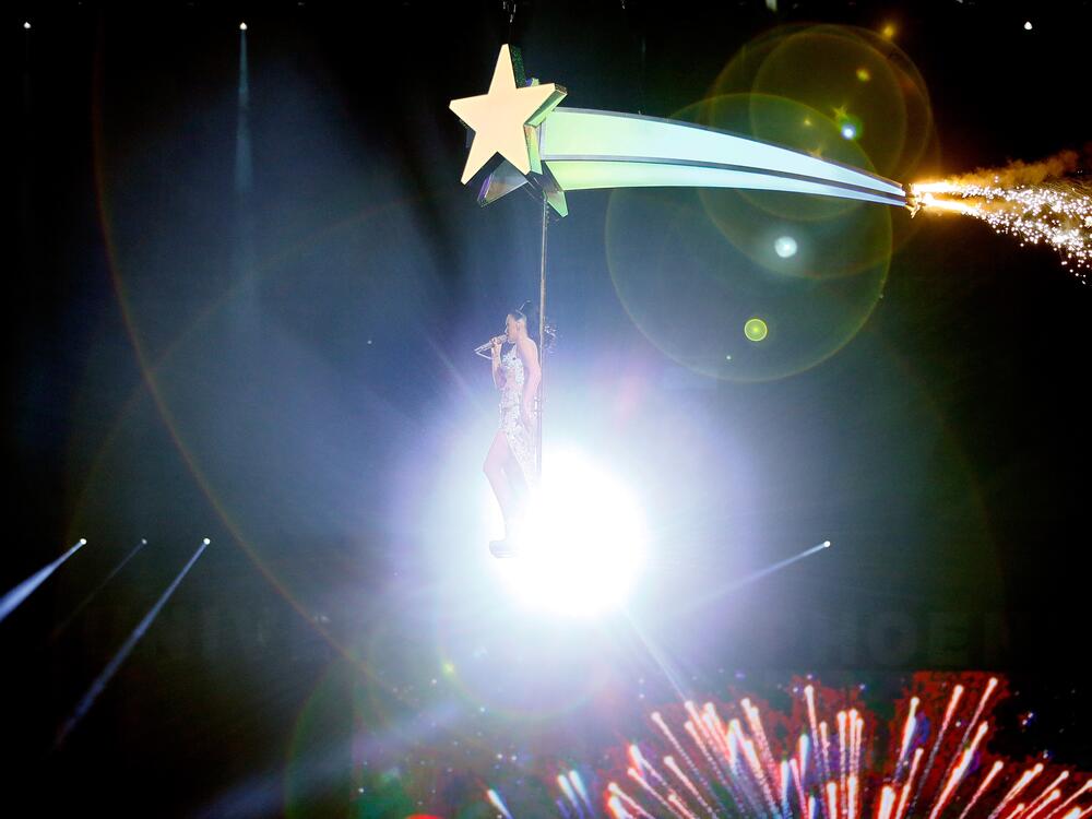 Katy Perry performs during the 2015 Super Bowl XLIX halftime show at the University of Phoenix Stadium in Glendale, Ariz.