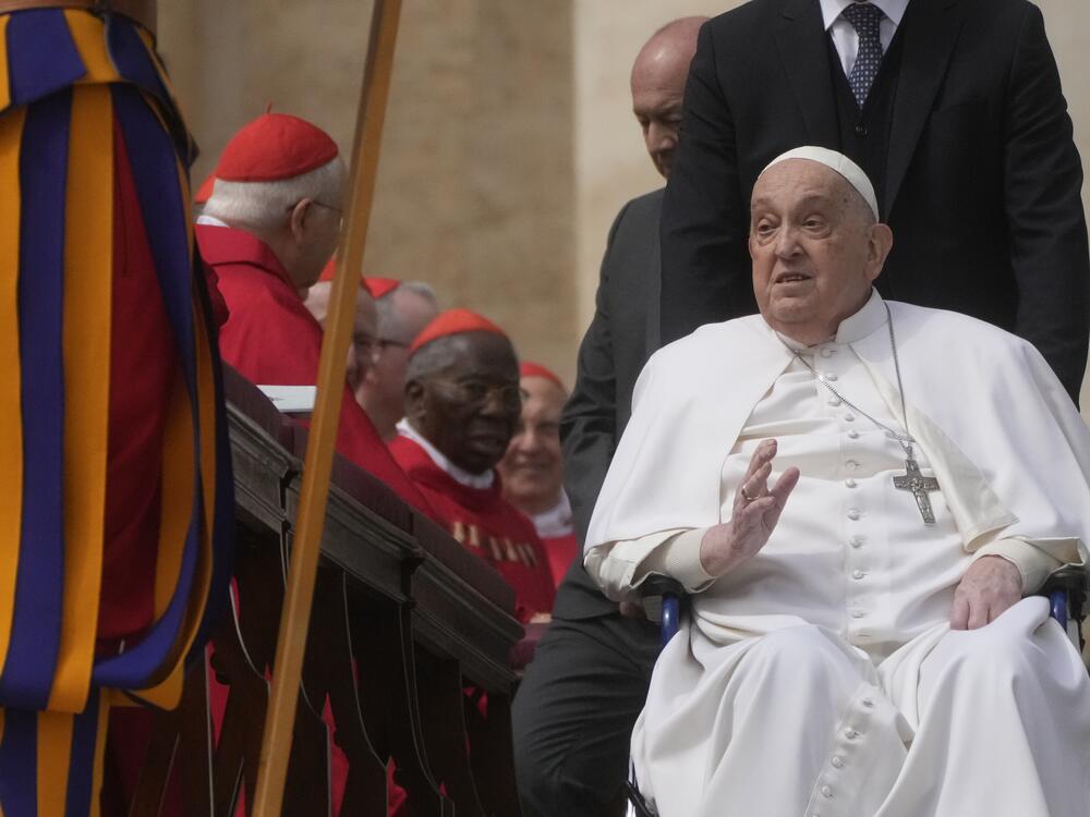 Pope Francis arrives at the end of the mass on Palm Sunday in St. Peter's Square at The Vatican, Sunday, April 13, 2025.