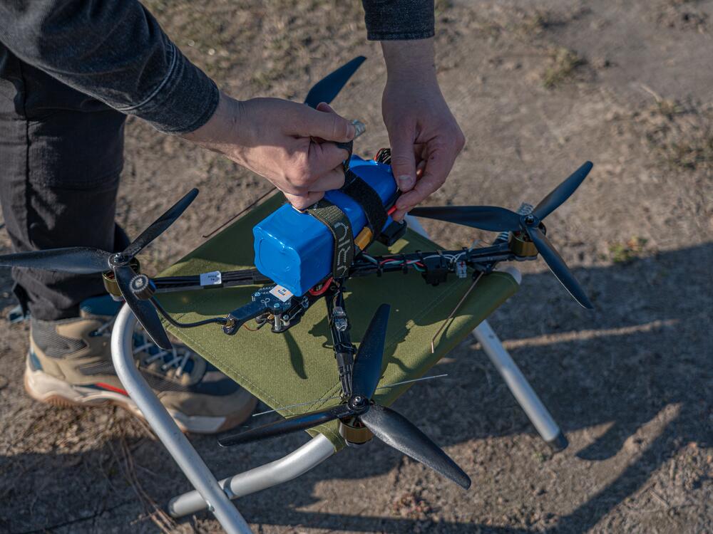 A Vyriy drone is prepared for a test flight at a field outside Kyiv.