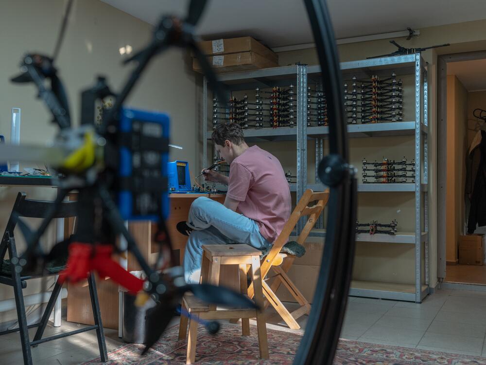 Oleh Halaidych at work in a Kyiv drone workshop.