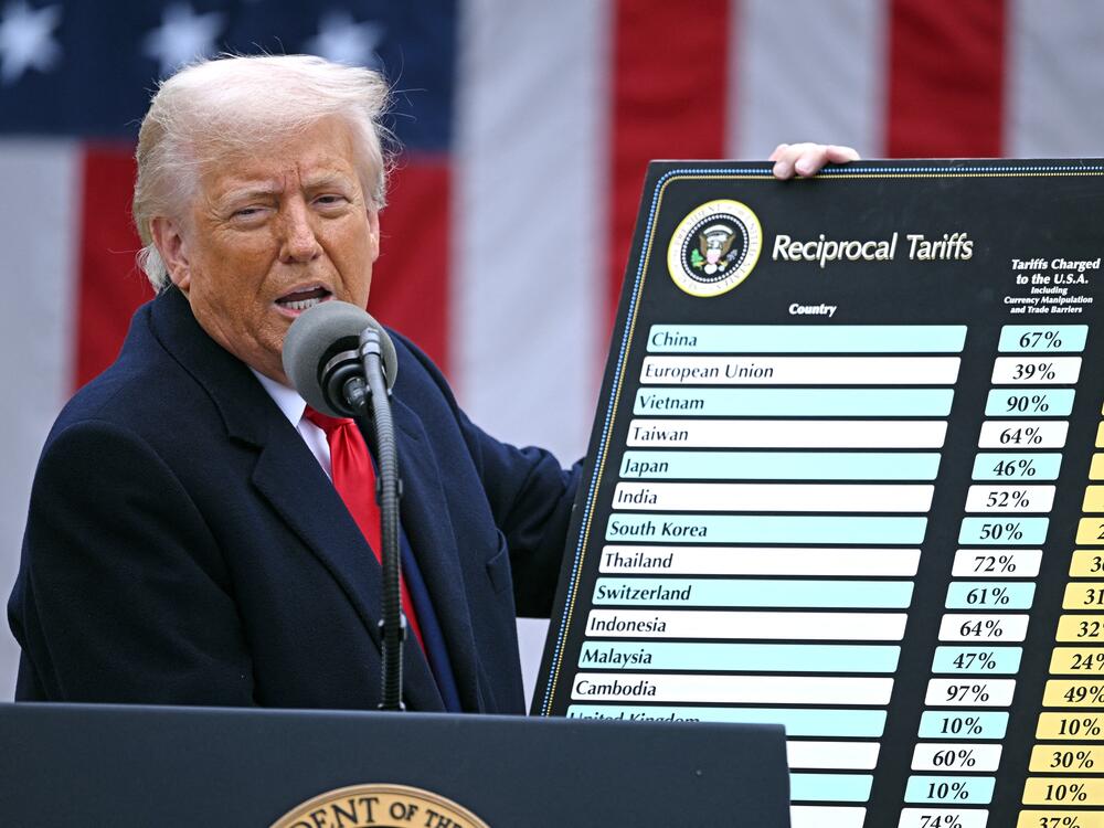 US President Donald Trump holds a chart as he delivers remarks on reciprocal tariffs during an event in the Rose Garden entitled 