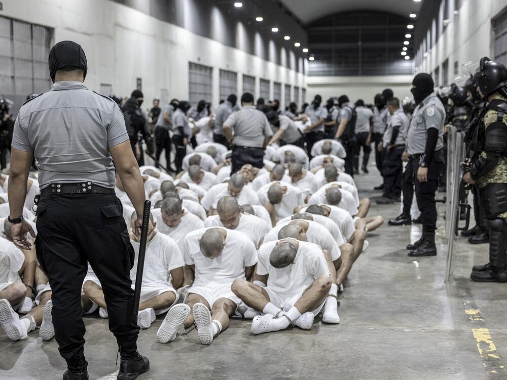 In this photo provided by El Salvador's presidential press office, a prison guard transfers deportees from the U.S., alleged to be Venezuelan gang members, to the Terrorism Confinement Center in Tecoluca, El Salvador, March 16, 2025.