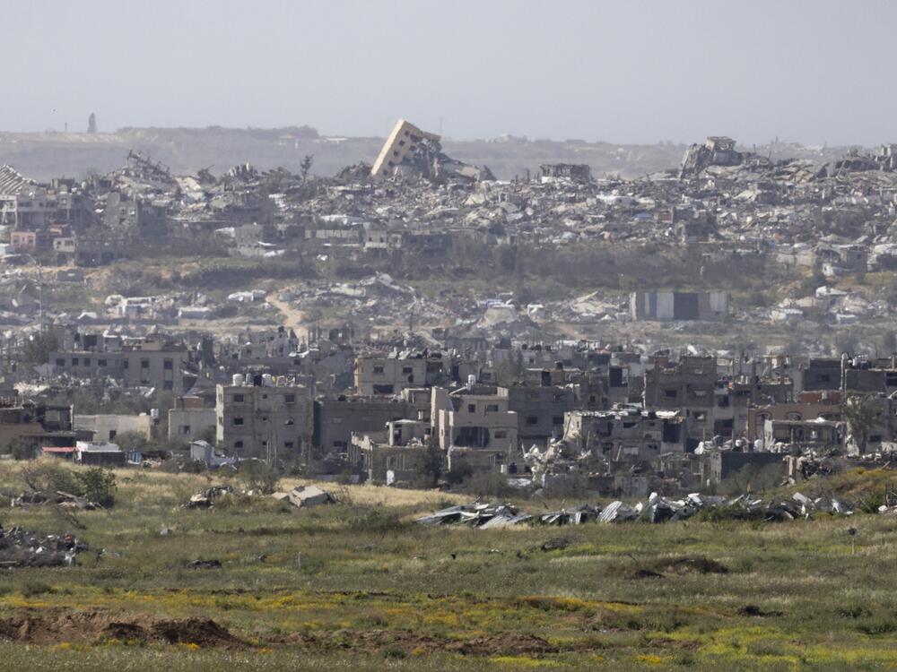 A view over ruined buildings in the northern Gaza Strip as seen from a position on the Israeli side of the border on April 2, southern Israel. Defense Minister Israel Katz has said Israel will 