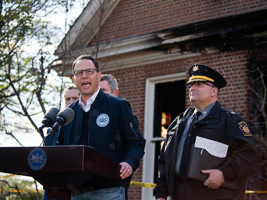 Pennsylvania Gov. Josh Shapiro speaks during a press conference outside of the Governor's Mansion after a portion of the property was damaged in an arson fire on April 13, 2025 in Harrisburg, Pa.