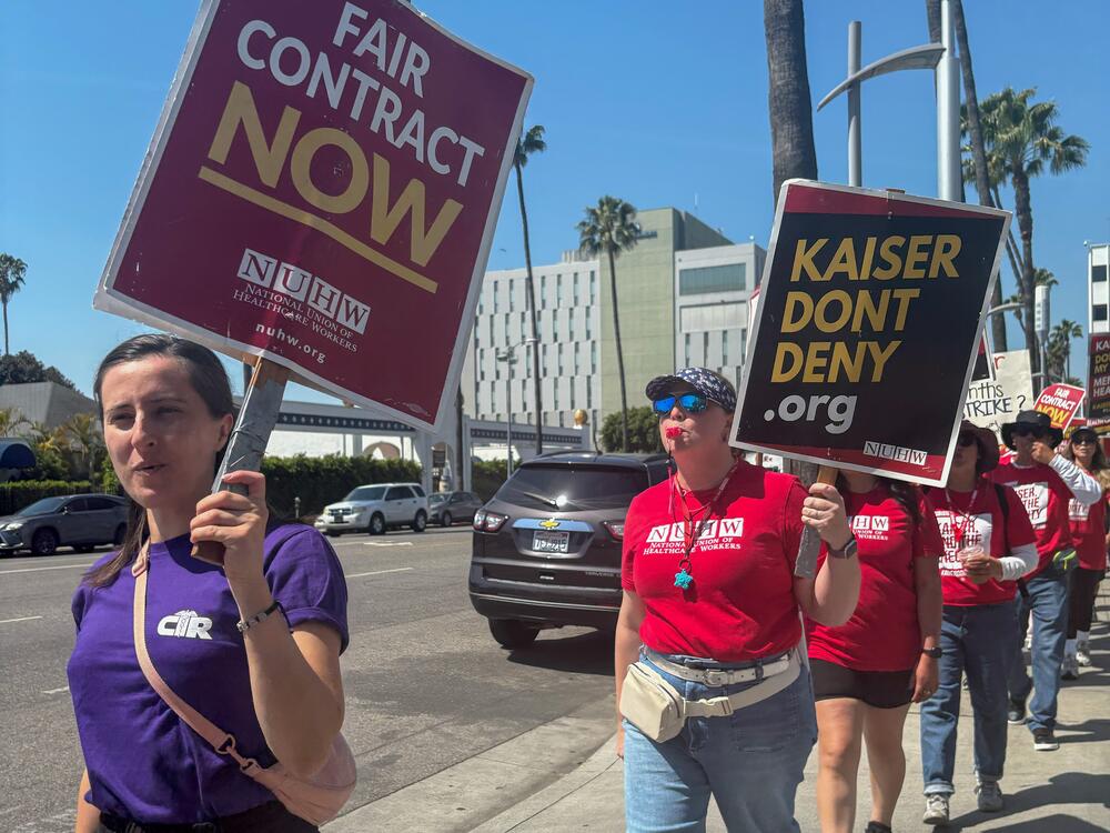 Mental health workers protest outside the Kaiser Permanente Los Angeles Medical Center on a strip of Sunset Blvd. They are heading into their sixth month of striking over wages, benefits and time in between patients.