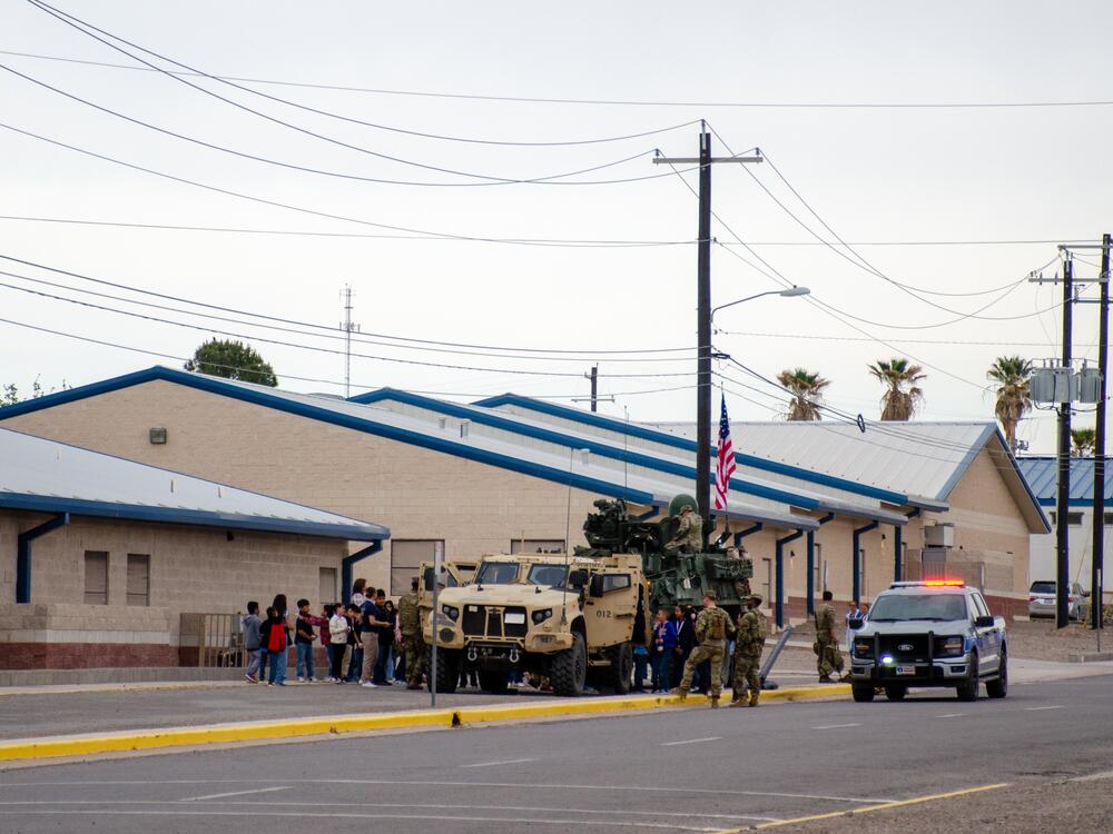 The Army's tactical vehicles on display at an elementary school in the small town of Presidio, Texas. A spokesperson for the Army said the school invited them to help familiarize the community with the Army's presence.