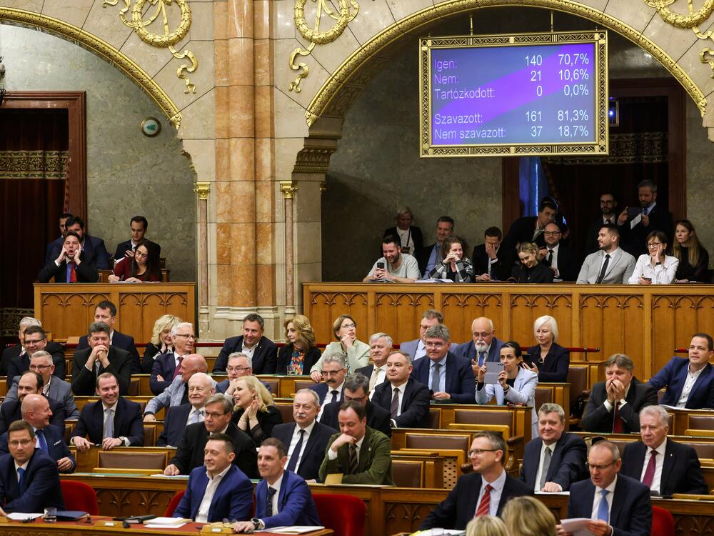 Hungary's parliament has passed an amendment to the constitution that allows the government to ban public events by LGBTQ+ communities, in Budapest, Hungary on Monday.