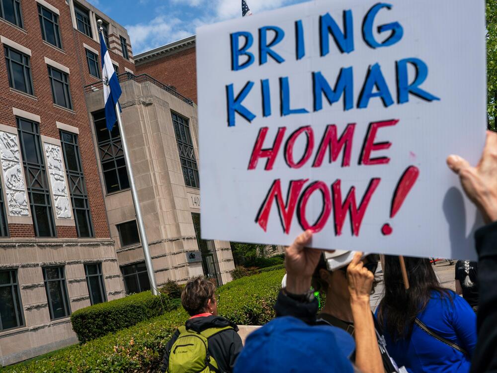 Protestors chant during a demonstration against President Donald Trump's use of El Salvador's Terrorism Confinement Center, or CECOT, prison for people deported from the U.S. for entering the country illegally, outside the Embassy of El Salvador in Washington, Monday, April 14, 2025.