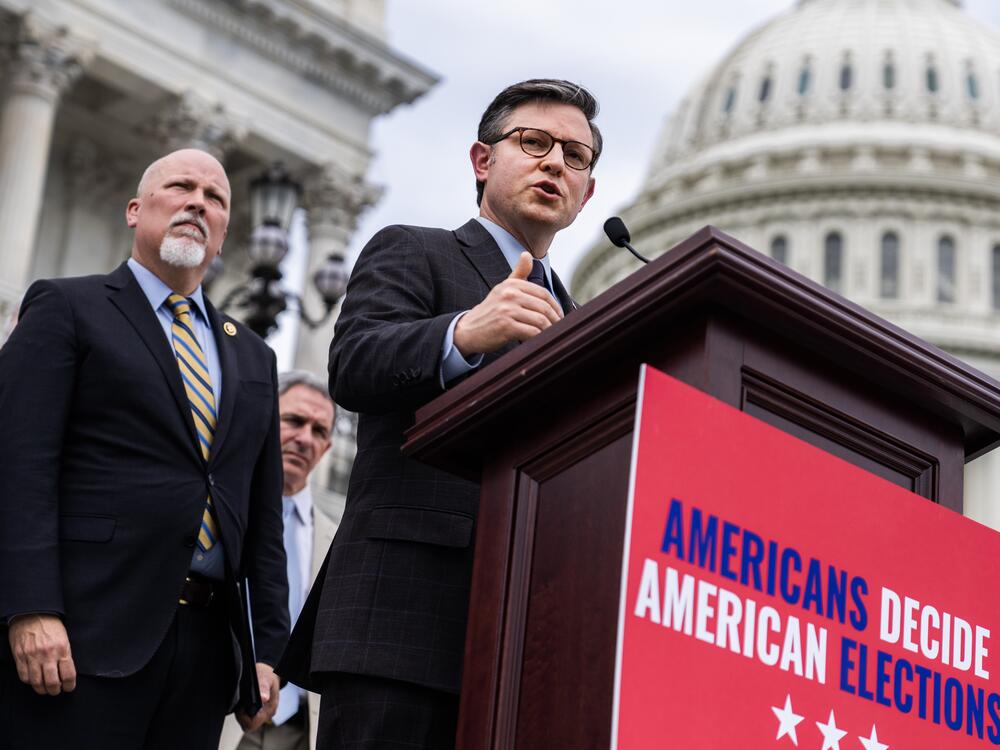 Speaker of the House Mike Johnson (R-La.), Rep. Chip Roy (R-Texas) (left), and Ken Cuccinelli (background), former attorney general of Virginia, hold a news conference on the House steps of the U.S. Capitol to introduce the 