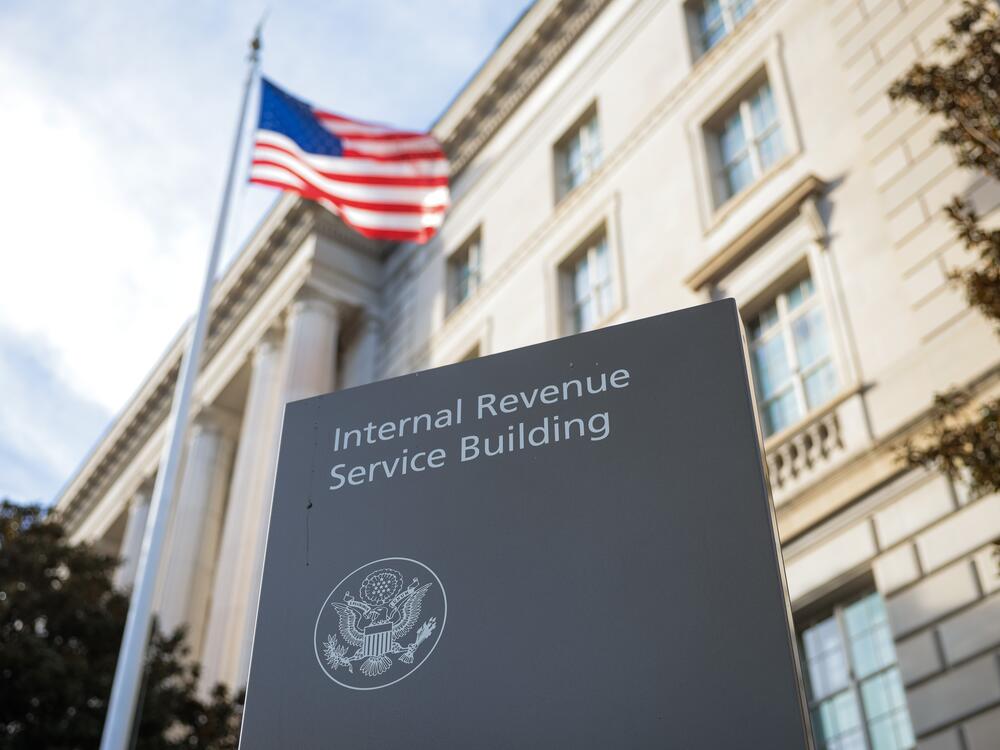 A sign for the Internal Revenue Service (IRS) is seen outside its building on Feb. 13 in Washington, D.C.