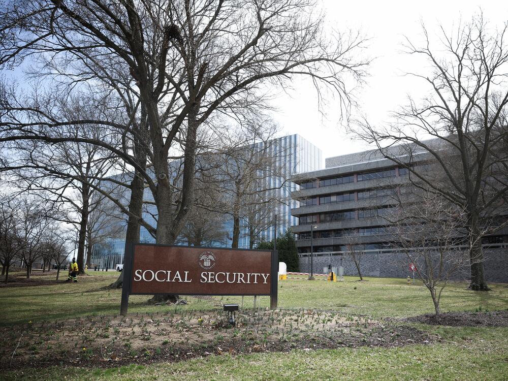 A sign in front of the entrance of the Social Security Administration's main campus in Woodlawn, Md.