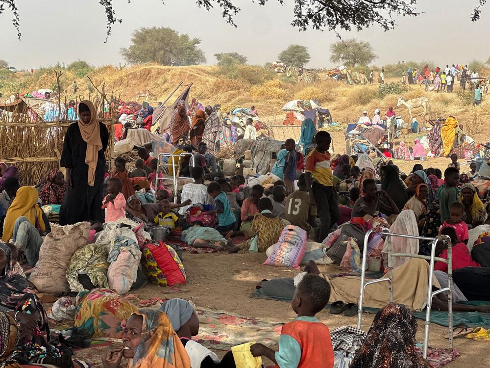 People who fled the Zamzam camp for the internally displaced after it fell under RSF control, rest in a makeshift encampment in an open field near the town of Tawila in war-torn Sudan's western Darfur region on April 13, 2025.